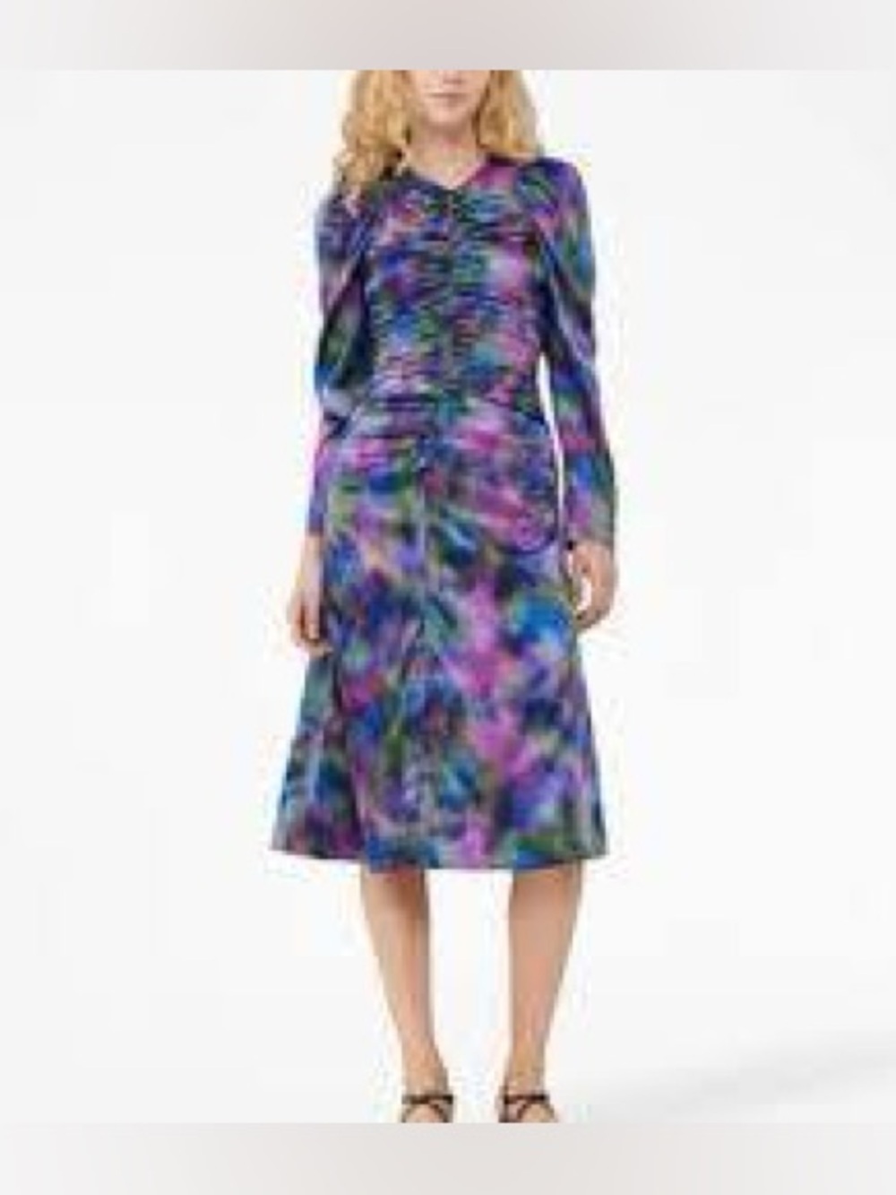 Ganni Organic Silk Ruched Tie-Dye Puff Sleeve V-Neck Midi Dress Sz 34 4 US